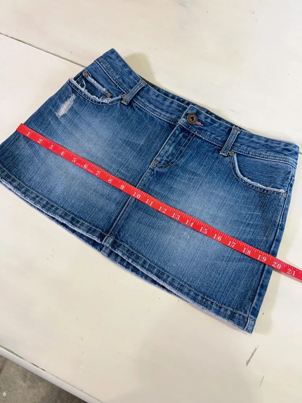 Vintage Y2K American Eagle Faded Denim Super Mini Skirt Low rise Pink Rhinestone - Picture 10 of 12